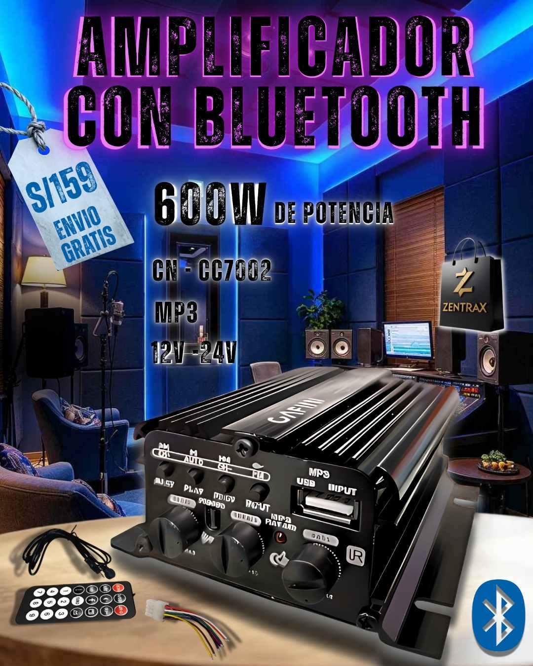 AMPLIFICADOR CON BLUETOOTH 600 W