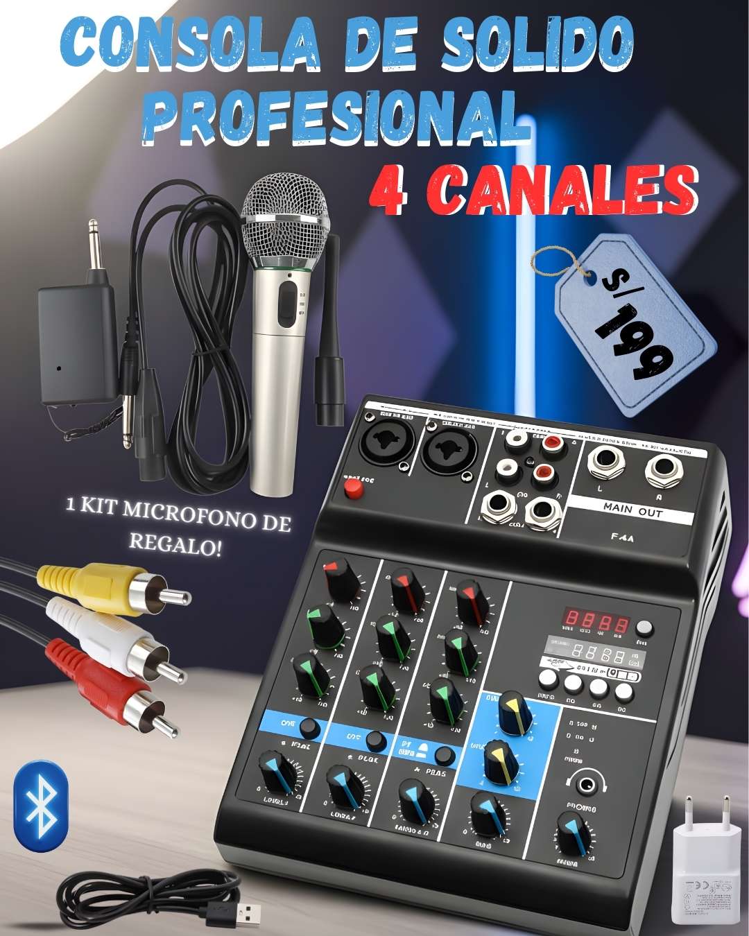 Kit  Profesional de Sonido 4 Canales con Micrófono