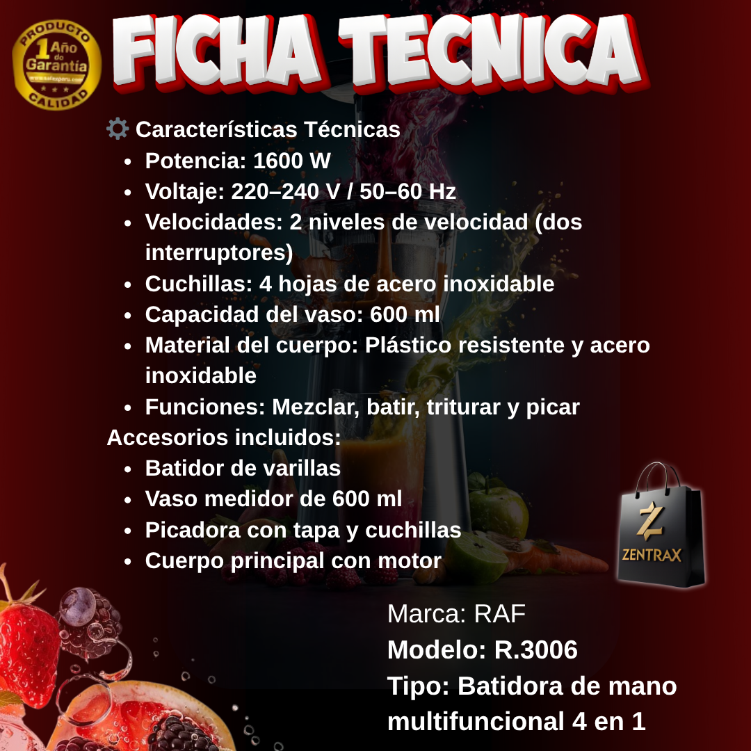 LICUADORA DE MANO POTENTE  4 EN 1 RAF