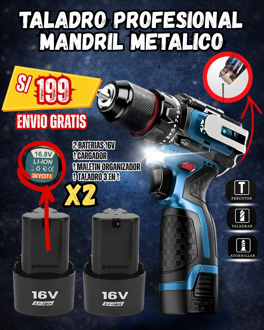 Taladro Biyoti Inalámbrico Súper Potente